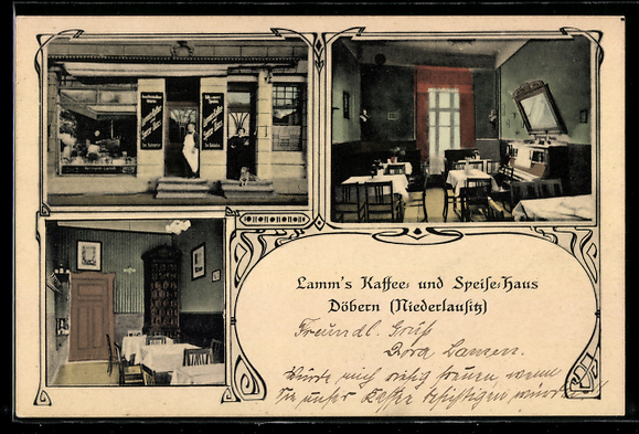 Historische Postkarte des Kaffee- und Speisehauses Lamm in D&ouml;bern